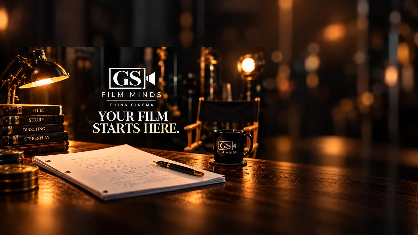 Screenplay on a warmly lit writing desk beside a lamp, books, a mug and an empty director's chair, with the words Your Film Starts Here